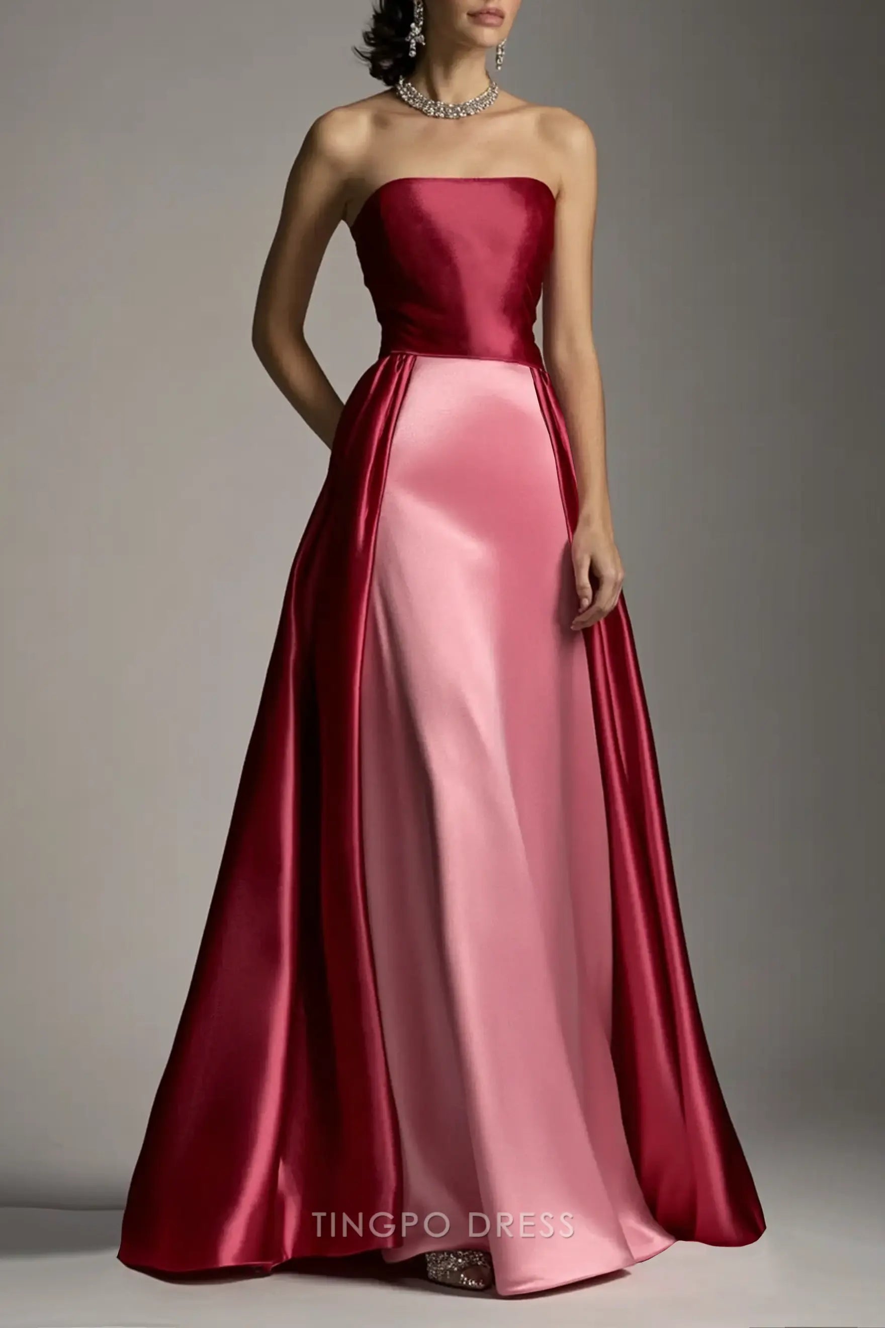 Elegant Strapless Two-Tone Satin A-Line Floor-Length Maxi Dress Prom Dress